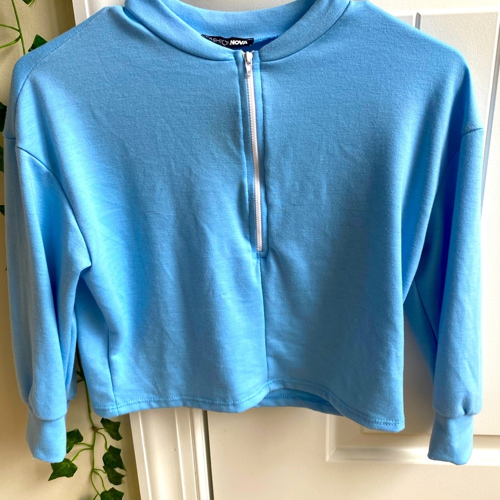 Blue zip up crop top